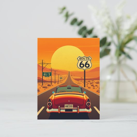 Route 66  Sunset Highway met Auto Briefkaart (Staand voorkant)