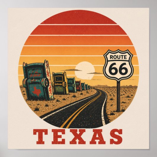 Route 66 Texas Cadillac Woestijn Zonsondergang Poster (Voorkant)