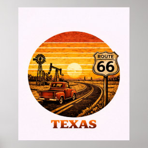 Route 66 Texas Oilveld Zonsondergang Retro Poster