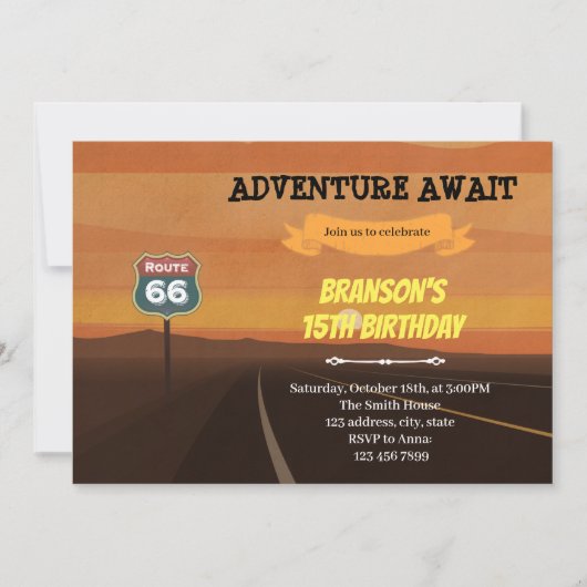 Route 66 verjaardag thema Uitnodiging (Voorkant)