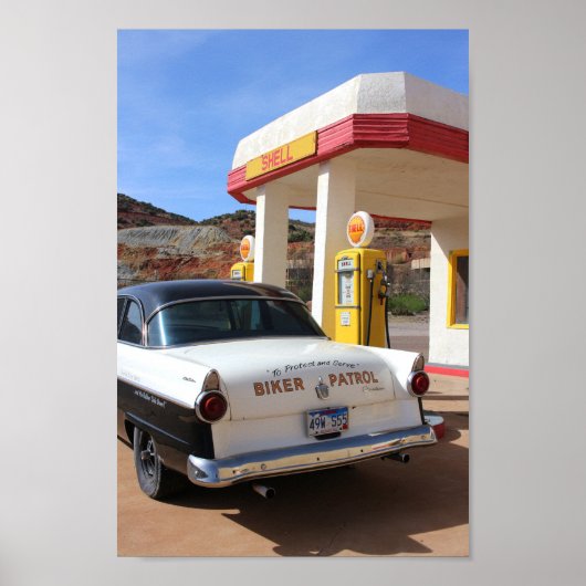 Route 66 Vintage Car Gas Station Foto Poster (Voorkant)