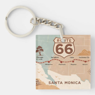 Route 66 Vintage Kaart met Historische Steden Sleutelhanger