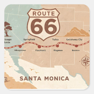 Route 66 Vintage Kaart met Historische Steden Vierkante Sticker