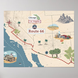 Route 66 Vintage Reis Kaart Illustratie Poster