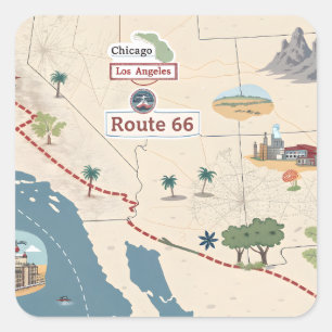Route 66 Vintage Reis Kaart Illustratie Vierkante Sticker