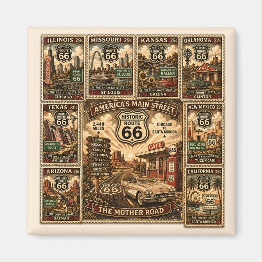 Route 66 Vintage Reisstempel Magneet (Voorkant)
