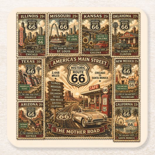 Route 66 Vintage Reisstempelcollage Kartonnen Onderzetters (Voorkant)