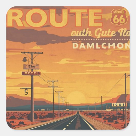 Route 66 Vintage Sunset Weg Kunst Vierkante Sticker (Voorkant)