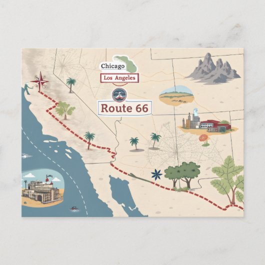 Route 66 Vintage Travel Map Illustration Briefkaart (Voorkant)