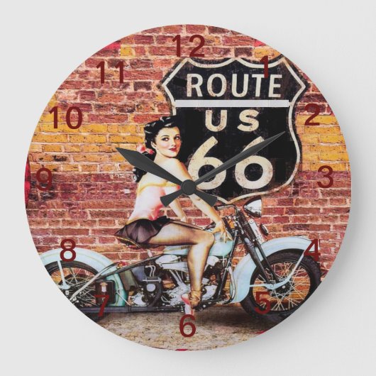 Route 66 Voman on Mototcycle Wall Clock Grote Klok (Voorkant)