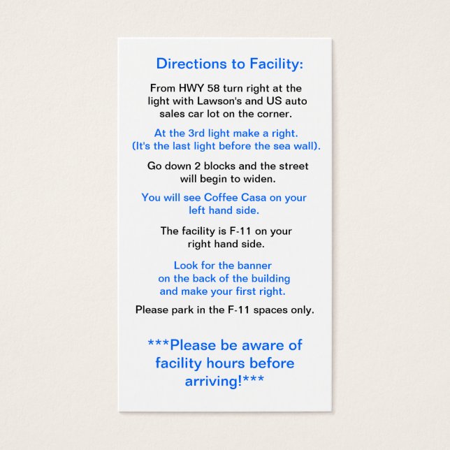 Routebeschrijving naar Facility in Okinawa Visitekaartjes (Voorkant)