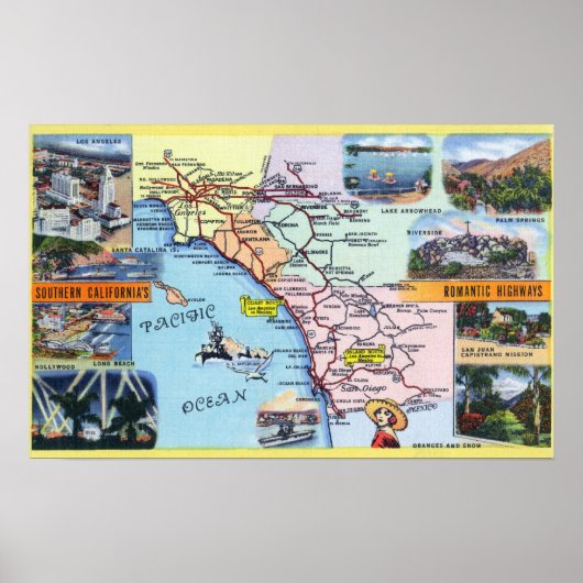 Routekaart naar Zuidelijke CA Romantic Highways Poster (Voorkant)