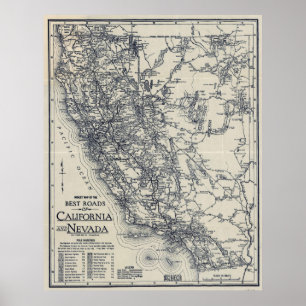 Routekaart van de Vintage Californië en Nevada (19 Poster