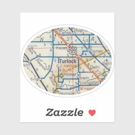  routekaart voor Turlock CA Sticker (Vel)