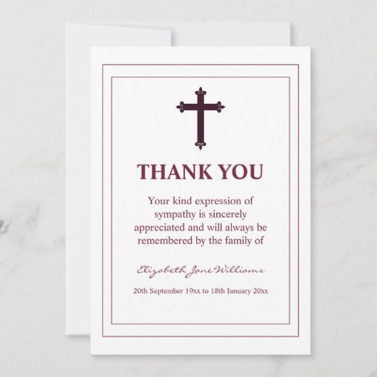 Rouw Bordeauxkleurig Kruis en Rand Bedanktkaart Bedankkaart (Voorkant)