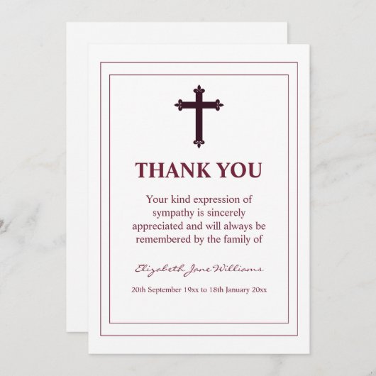 Rouw Bordeauxkleurig Kruis en Rand Bedanktkaart Bedankkaart (Voorkant / Achterkant)