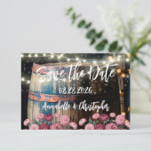 Rouw houten whiskeyvat save the date (Staand voorkant)