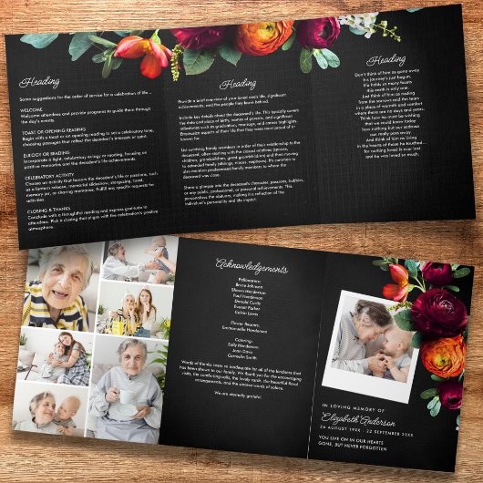 Rouw/Memoriaal Bloemen 7-Foto Modern Schrift Drieluik Programma