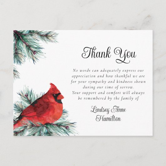 Rouwbedeankaart Rode Kardinaalvogel Wintergroen Briefkaart (Voorkant)