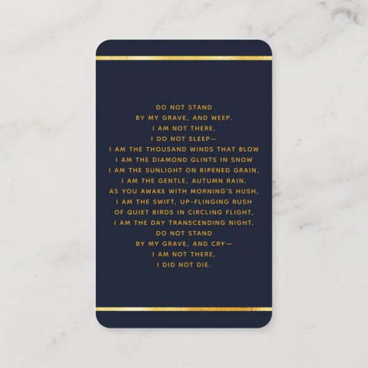 Rouwbids met foto kruis in blauw en goud licht visitekaartje (Achterkant)