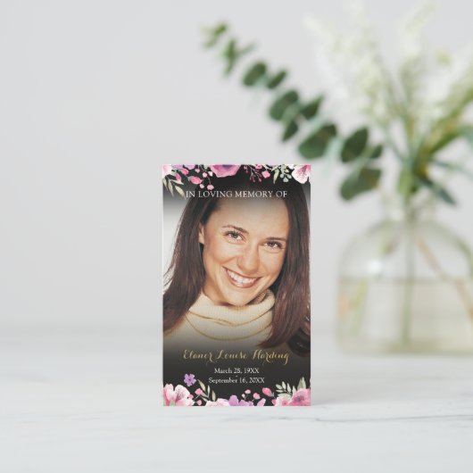 Rouwbordkaart met bloemenfoto en gebed visitekaartje (Staand voorkant)