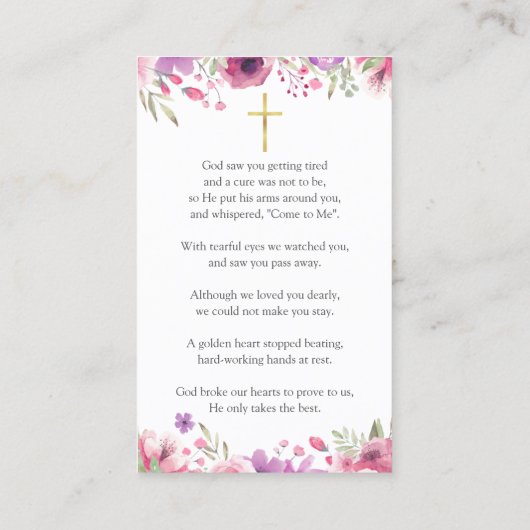 Rouwbordkaart met bloemenfoto en gebed visitekaartje (Achterkant)