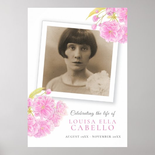 Rouwdienst viering van het leven roze bloesem foto poster (Voorkant)