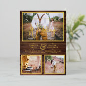 Rouwe GOUDFOLIE Foto Collage Houten Bruiloft Folie Uitnodiging (Staand Voorkant)