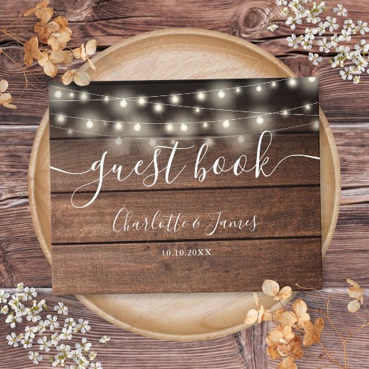 Rouwe Houten Slingerlichten Script Bruiloft Gastenboek