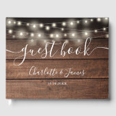 Rouwe Houten Slingerlichten Script Bruiloft Gastenboek (Voorkant)