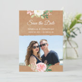 Rouwe Kraft Roze Roos Bloemige Bruine Fotolijst Save The Date (Staand voorkant)