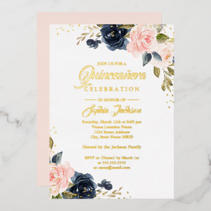 ROUWELIJKE FOLIE Roze marine Floral Quinceanera Uitnodiging