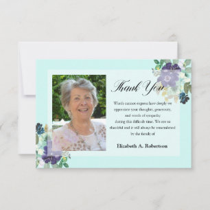 Rouwfoto Dank Je Wel Paarse Bloemen op Teal Bedankkaart