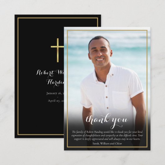 Rouwfoto Elegante Gouden Kruis Schrift Bedankkaart (Voorkant / Achterkant)