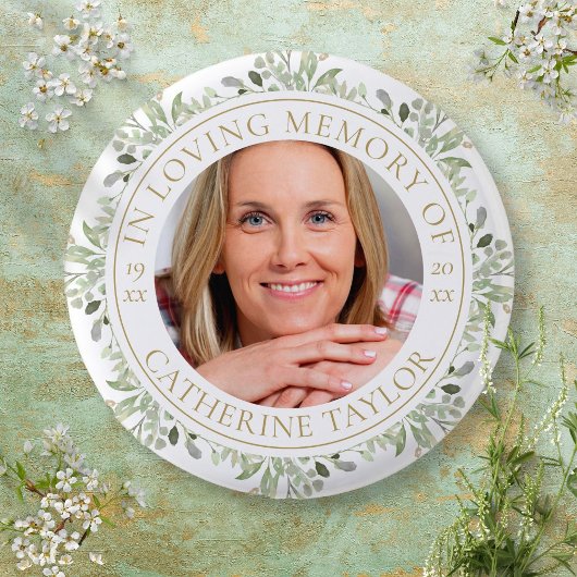 Rouwfoto met groen in liefdevolle herinnering ronde button 3,2 cm