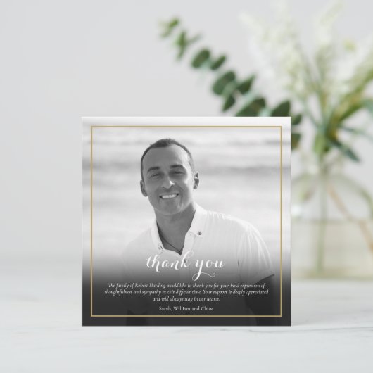 Rouwfoto Zwart en Wit Elegant Vierkant  Bedankkaart (Staand voorkant)