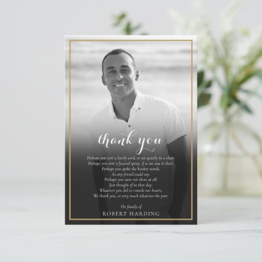 Rouwfoto zwart-wit goud gedicht bedankkaart (Staand voorkant)