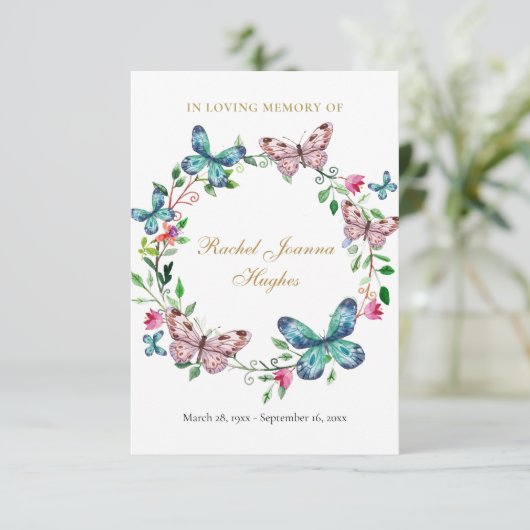 Rouwgedenkkaart met vlinders voor herdenkingsgebed (Staand voorkant)