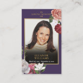 Rouwgedenkkaarten met paarse bloemen en foto visitekaartje (Voorkant)