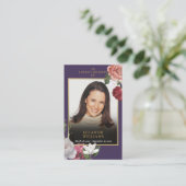 Rouwgedenkkaarten met paarse bloemen en foto visitekaartje (Staand voorkant)