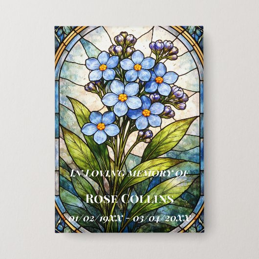 Rouwgedenkramen met 'Forget me Not' glas-in-lood Button (Voorkant)