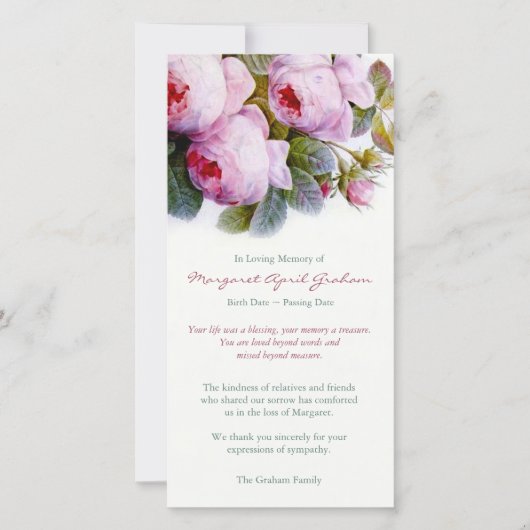 Rouwkaarten | Botanische Rozen in Roze Bedankkaart (Voorkant)