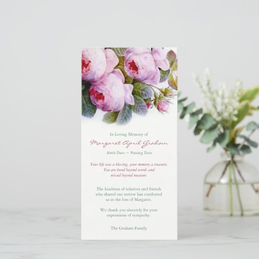 Rouwkaarten | Botanische Rozen in Roze Bedankkaart (Staand voorkant)