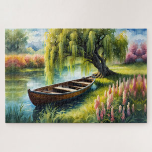 Row Boat in vijver in de buurt van wilgenboom Legpuzzel