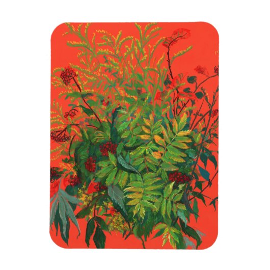 Rowan Leaves & Red Berries over Oranje moderne Flo Magneet (Verticaal)