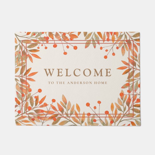 Rowan Red Berries & Fall Leaves Custom Botanical Deurmat (Voorkant)