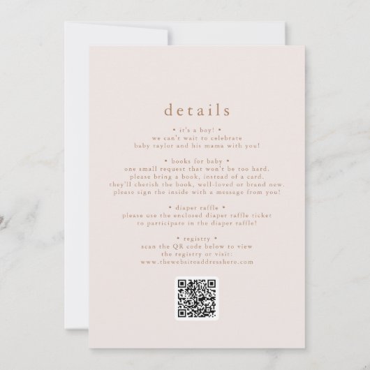 ROWAN Rustiek Roze Goud QR Eenvoudig Baby shower Kaart (Achterkant)