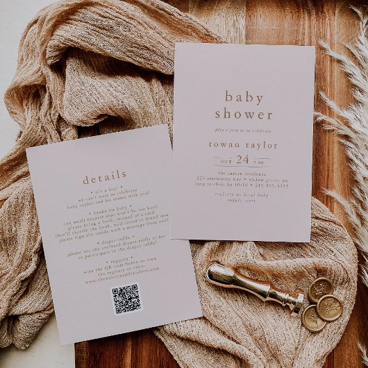 ROWAN Rustiek Roze Goud QR Eenvoudig Baby shower Kaart