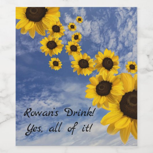 Rowan’s wijn! Ja, alles!! Zonnebloemen & lucht Wijn Etiket (Enkel label)
