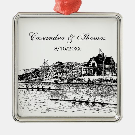 Rowers op de rivier met Boathouse Black Metalen Ornament (Voorkant)